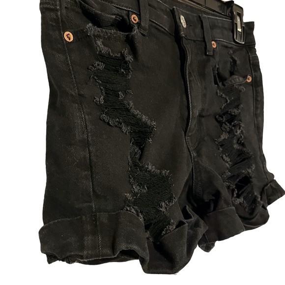 AMERICAN EAGLE MOM SHORTS Solid Black Zip Fly High Rise Roll Cuff Jeans Denim 4 - Picture 7 of 16